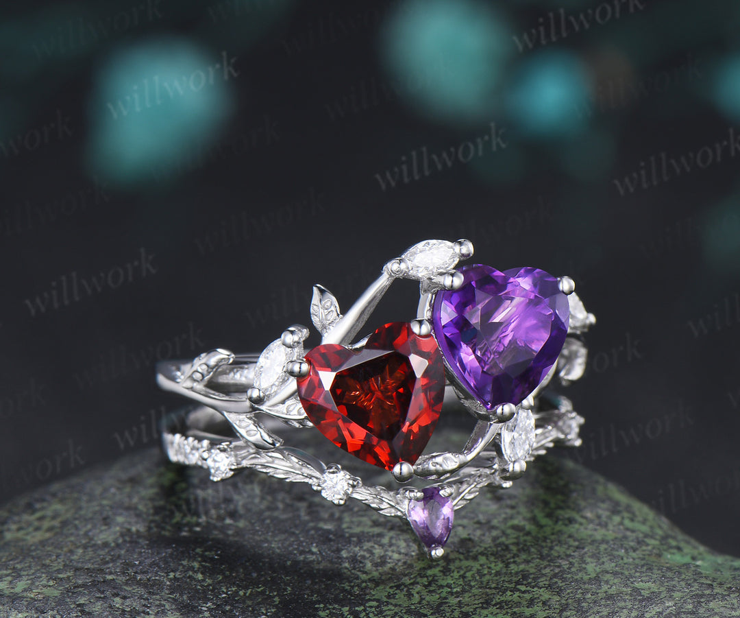 Double heart shaped garnet amethyst engagement ring set Toi et Moi ring retro leaf vine ring nature inspired bridal set