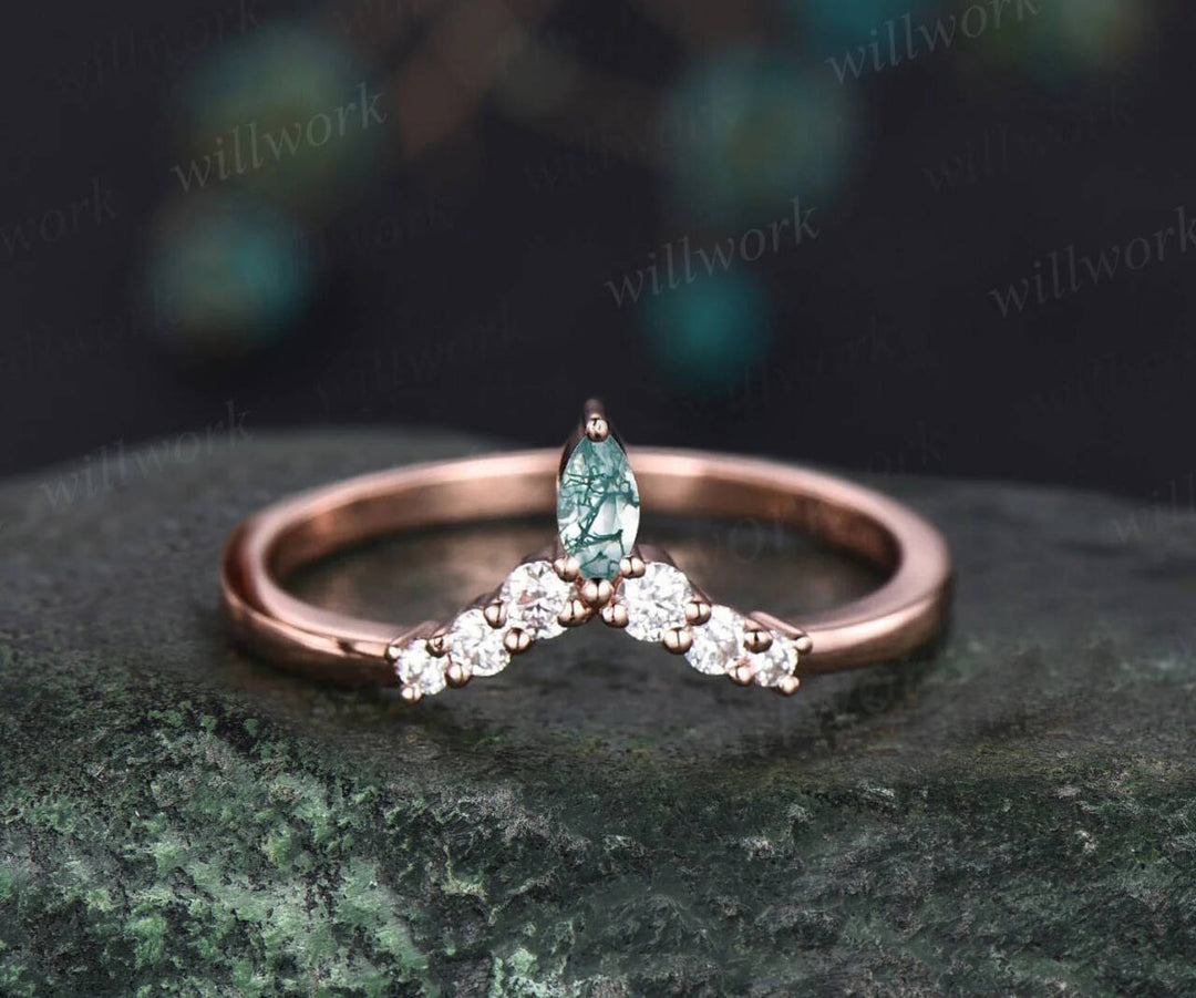 1.5ct Unique kite cut moss agate engagement ring set marquise cut moss agate ring vintage rose gold 6 prong diamond wedding ring set women