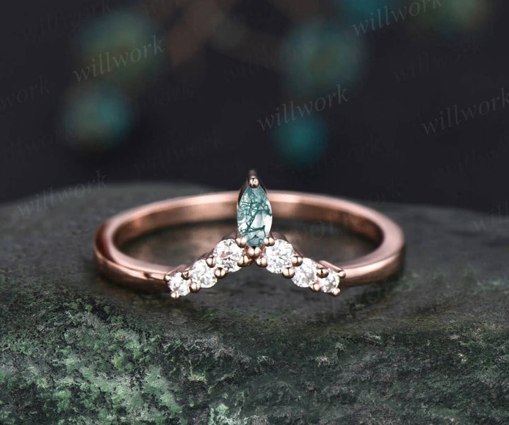 1.5ct Unique kite cut moss agate engagement ring set marquise cut moss agate ring vintage rose gold 6 prong diamond wedding ring set women
