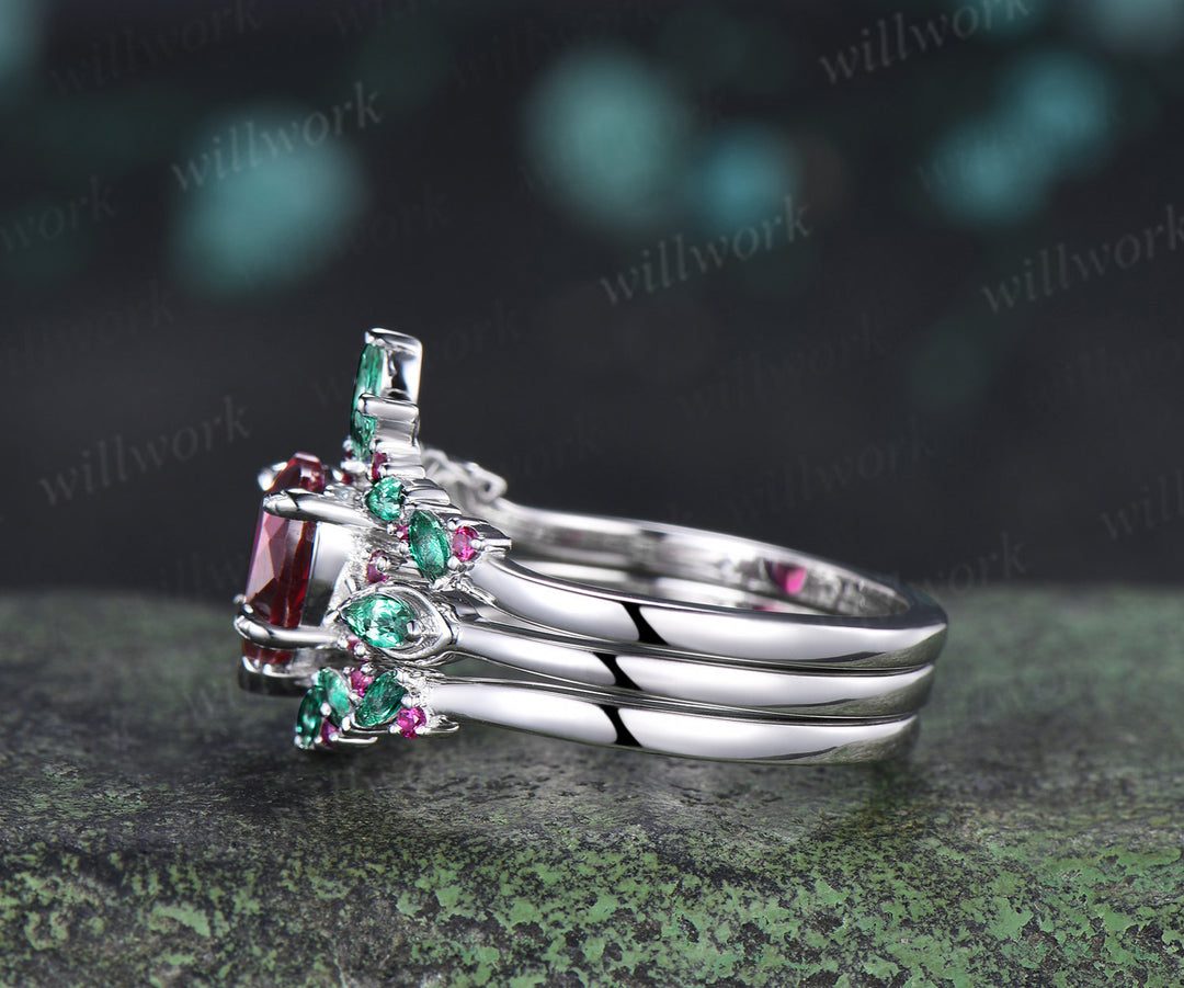 2ct heart red ruby engagement ring set leaf claw prong seven stone ring cluster emerald wedding band unique bridal set
