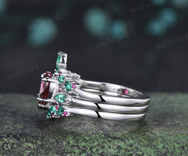 2ct heart red ruby engagement ring set leaf claw prong seven stone ring cluster emerald wedding band unique bridal set