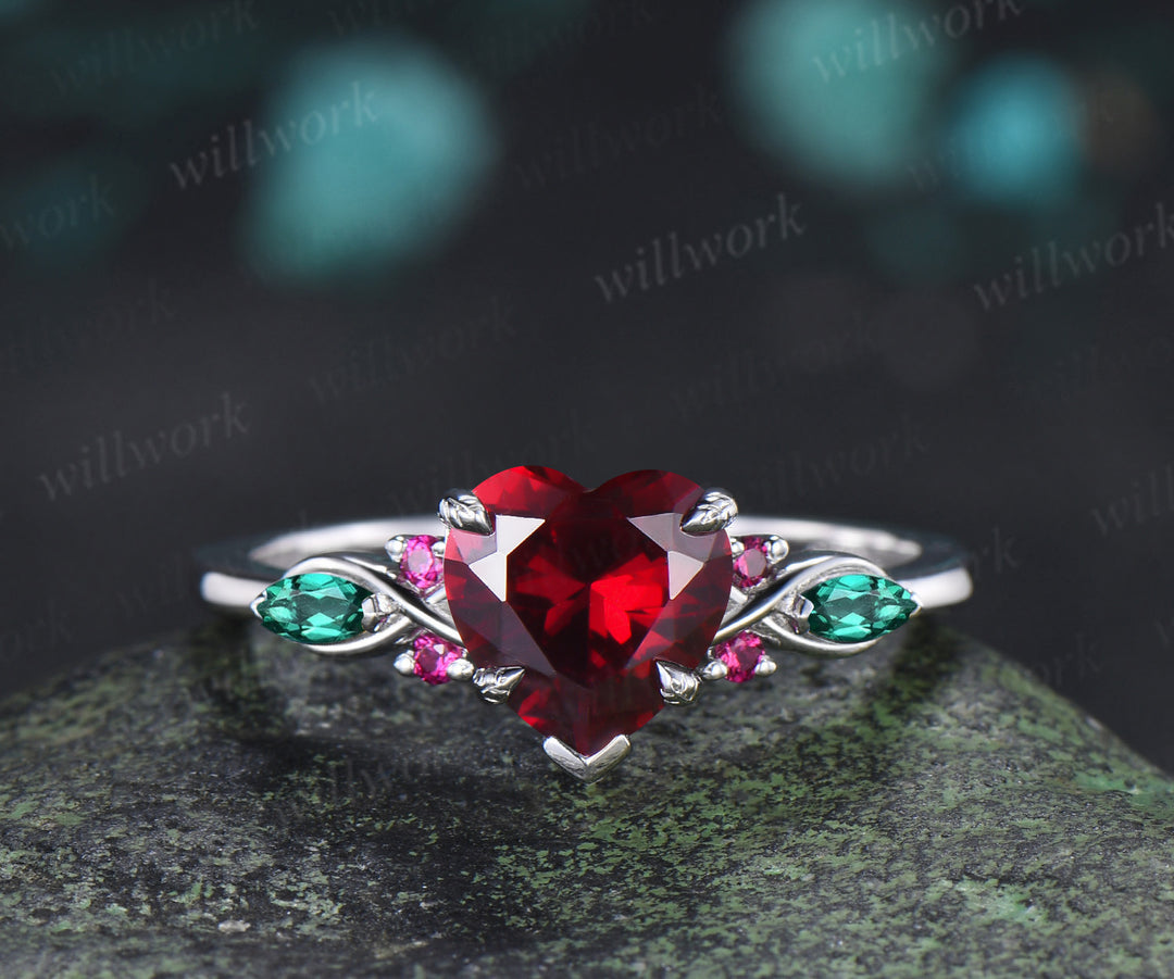 2ct heart red ruby engagement ring set leaf claw prong seven stone ring cluster emerald wedding band unique bridal set