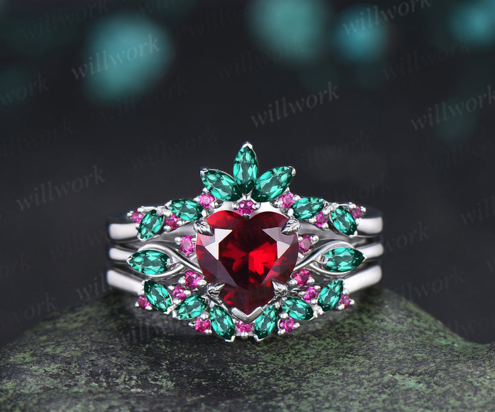 2ct heart red ruby engagement ring set leaf claw prong seven stone ring cluster emerald wedding band unique bridal set