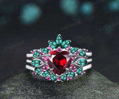 2ct heart red ruby engagement ring set leaf claw prong seven stone ring cluster emerald wedding band unique bridal set