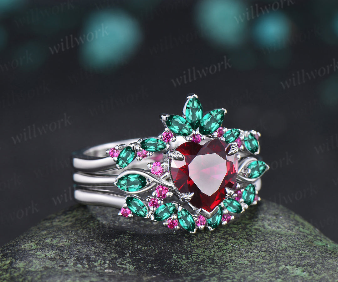 2ct heart red ruby engagement ring set leaf claw prong seven stone ring cluster emerald wedding band unique bridal set