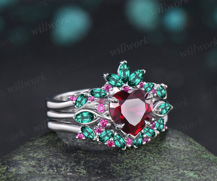 2ct heart red ruby engagement ring set leaf claw prong seven stone ring cluster emerald wedding band unique bridal set