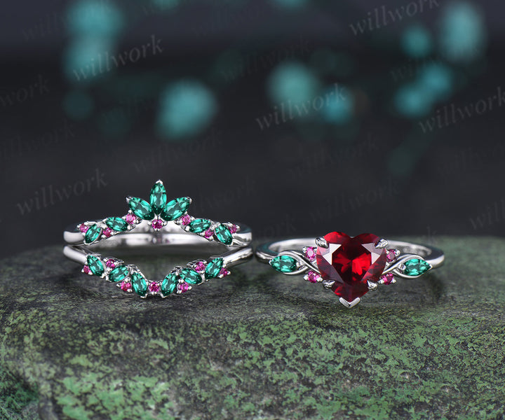 2ct heart red ruby engagement ring set leaf claw prong seven stone ring cluster emerald wedding band unique bridal set