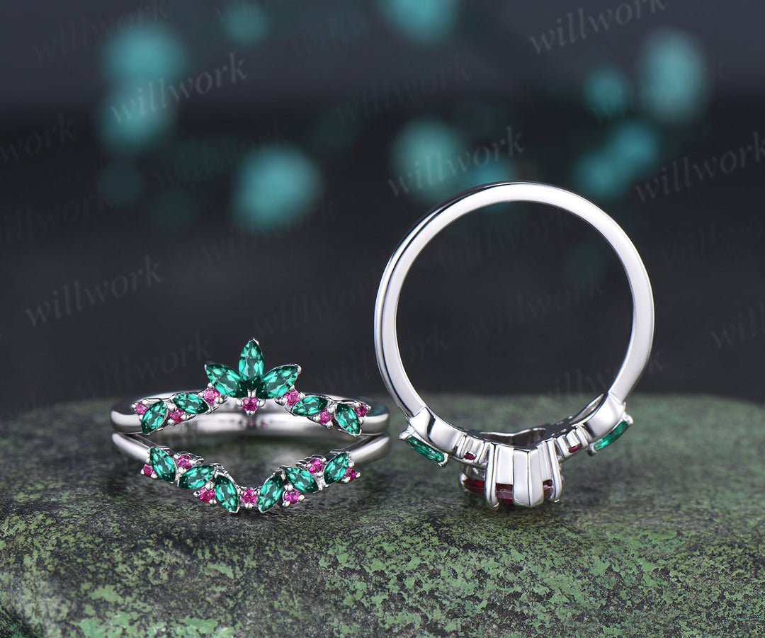 2ct heart red ruby engagement ring set leaf claw prong seven stone ring cluster emerald wedding band unique bridal set