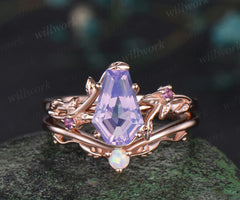 Coffin cut lavender amethyst engagement ring set kite shape amethyst nature inspired ring vines opal band unique bridal set