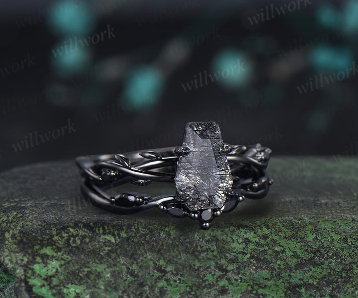 Retro Coffin Cut Natural Black Rutilated Quartz Engagement Ring Set Twig Vine Black Gothic Wedding Ring Set for Black Wedding Dress/Gown