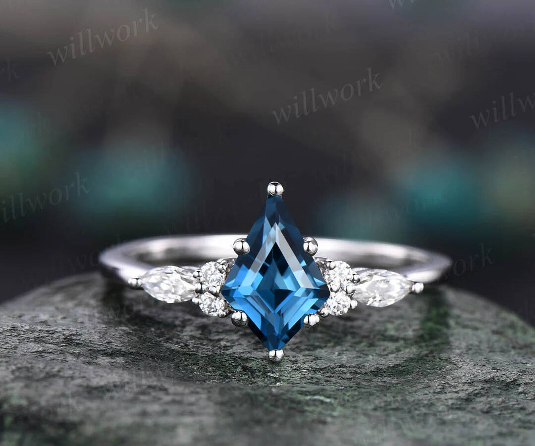Kite cut London blue topaz engagement ring set vintage marquise moissanite ring set December birthstone ring anniversary ring