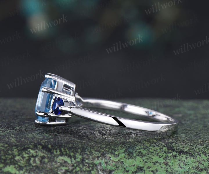 Hexagon cut London blue topaz Engagement ring 14k white gold three stone sapphire 6 prong wedding ring women
