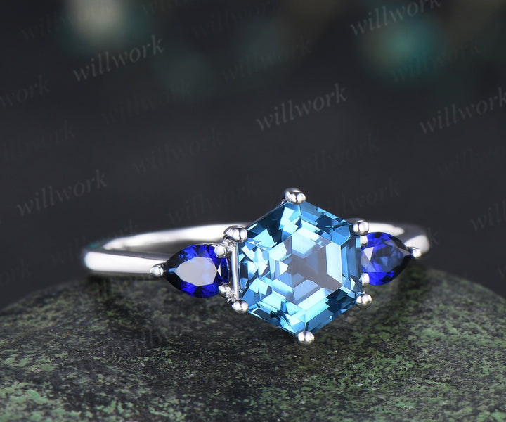 Hexagon cut London blue topaz Engagement ring 14k white gold three stone sapphire 6 prong wedding ring women