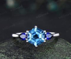 Hexagon cut London blue topaz Engagement ring 14k white gold three stone sapphire 6 prong wedding ring women