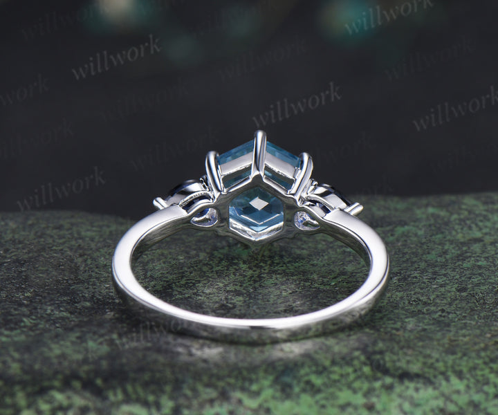 Hexagon cut London blue topaz Engagement ring 14k white gold three stone sapphire 6 prong wedding ring women