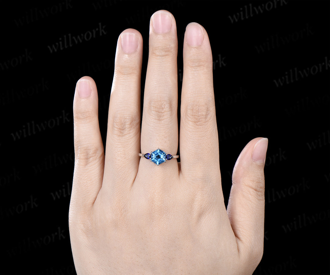 Hexagon cut London blue topaz Engagement ring 14k white gold three stone sapphire 6 prong wedding ring women