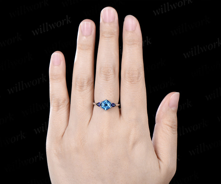 Hexagon cut London blue topaz Engagement ring 14k white gold three stone sapphire 6 prong wedding ring women