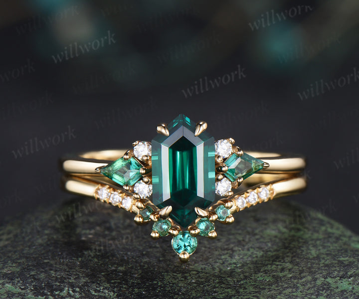 Long hexagon kite cut emerald engagement ring set solid 14k yellow gold cluster moissanite bridal set women