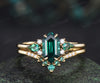 Long hexagon kite cut emerald engagement ring set solid 14k yellow gold cluster moissanite bridal set women