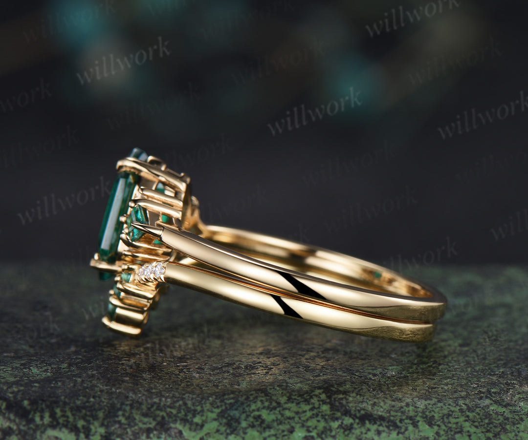 Long hexagon kite cut emerald engagement ring set solid 14k yellow gold cluster moissanite bridal set women