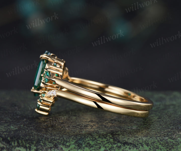 Long hexagon kite cut emerald engagement ring set solid 14k yellow gold cluster moissanite bridal set women
