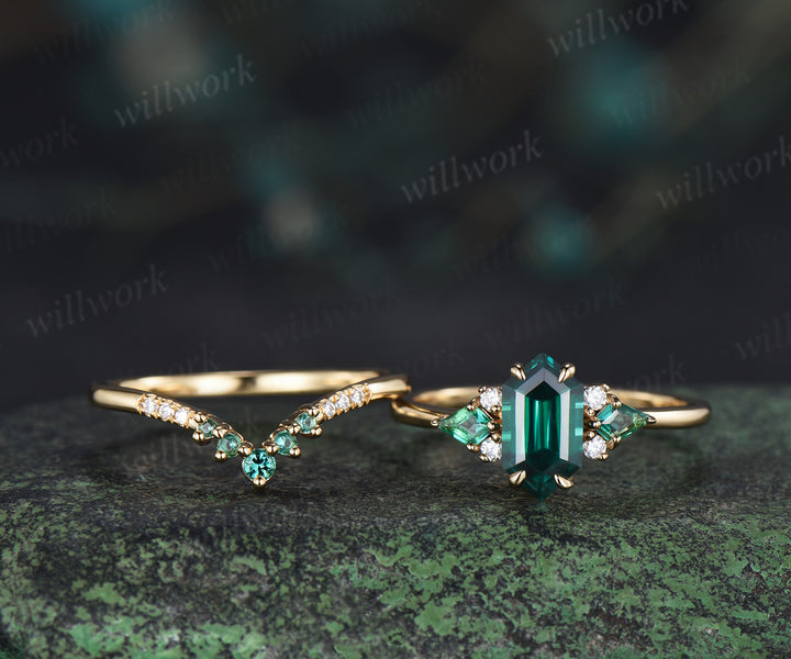 Long hexagon kite cut emerald engagement ring set solid 14k yellow gold cluster moissanite bridal set women