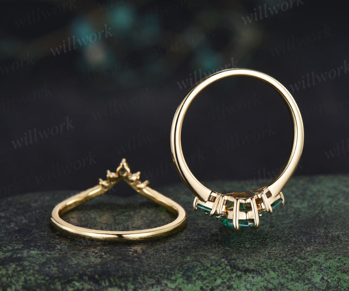 Long hexagon kite cut emerald engagement ring set solid 14k yellow gold cluster moissanite bridal set women