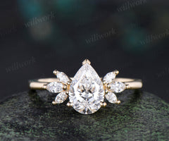 Teardrop pear cut IGI Lab grown diamond engagement ring solid 18k yellow gold cluster wedding promise ring women