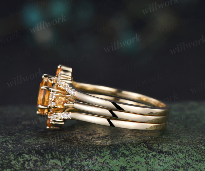 3pcs round cut citrine engagement ring set 6 prong solid 14k yellow gold moissanite bridal ring set women