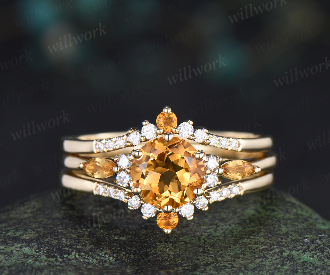 3pcs round cut citrine engagement ring set 6 prong solid 14k yellow gold moissanite bridal ring set women