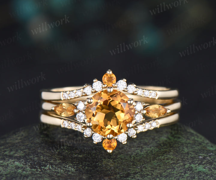 3pcs round cut citrine engagement ring set 6 prong solid 14k yellow gold moissanite bridal ring set women