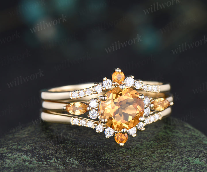 3pcs round cut citrine engagement ring set 6 prong solid 14k yellow gold moissanite bridal ring set women