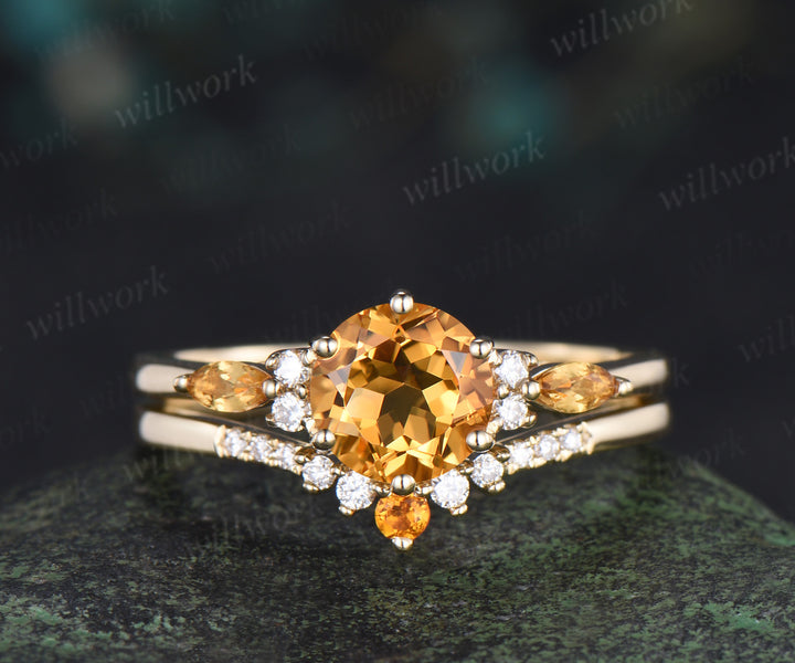 3pcs round cut citrine engagement ring set 6 prong solid 14k yellow gold moissanite bridal ring set women