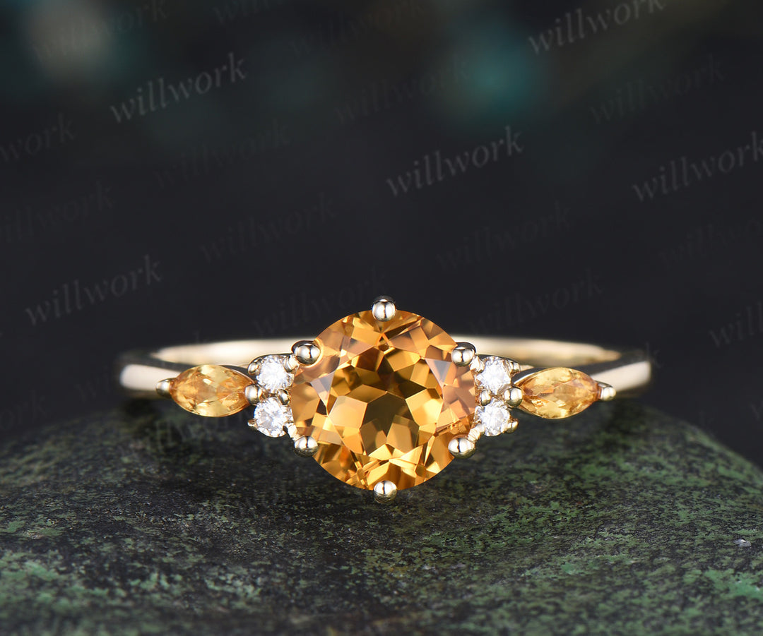 3pcs round cut citrine engagement ring set 6 prong solid 14k yellow gold moissanite bridal ring set women