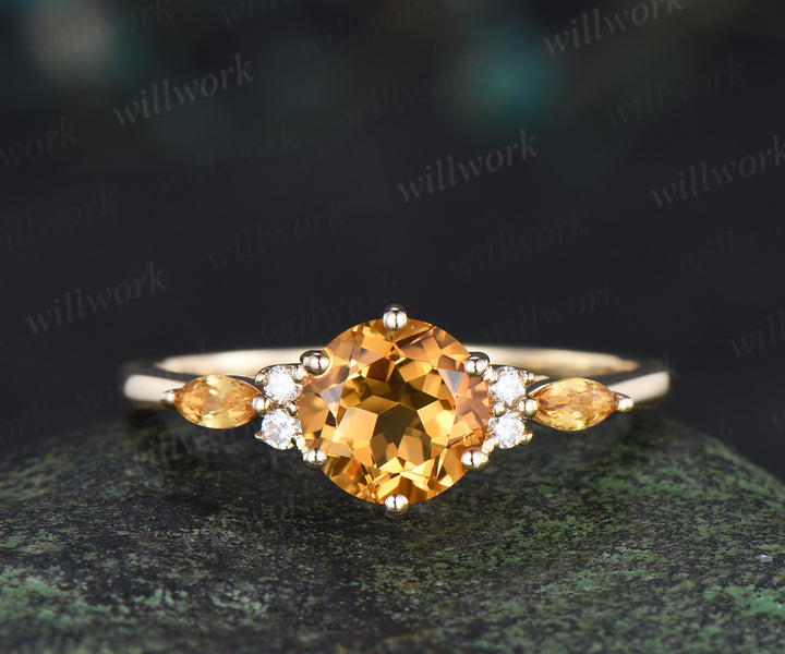 3pcs round cut citrine engagement ring set 6 prong solid 14k yellow gold moissanite bridal ring set women