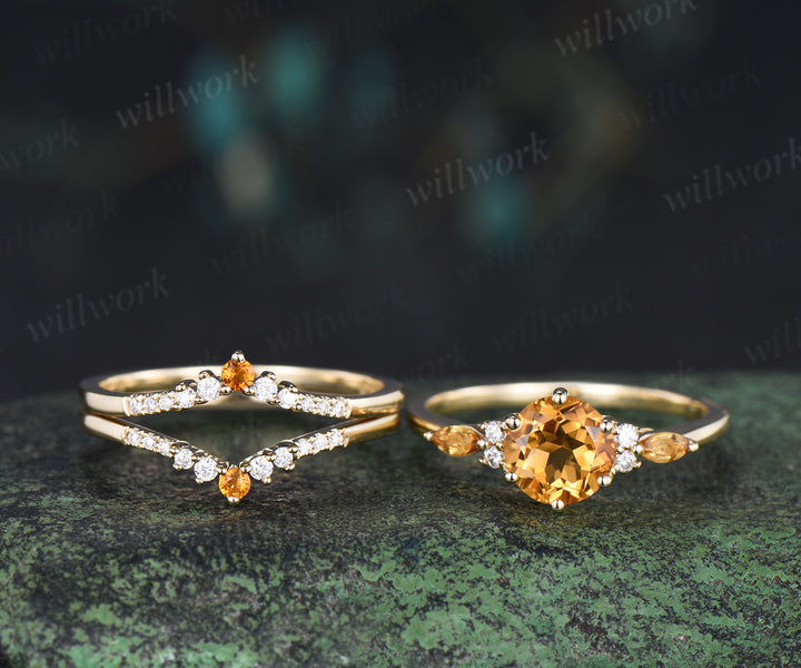 3pcs round cut citrine engagement ring set 6 prong solid 14k yellow gold moissanite bridal ring set women