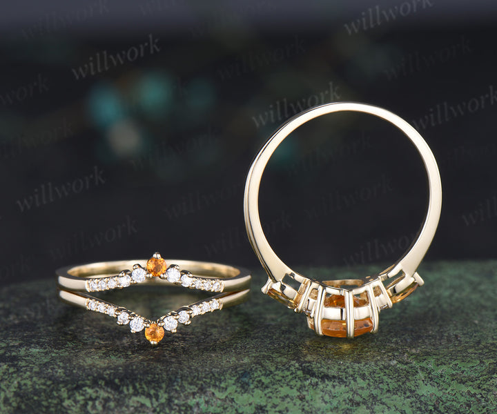 3pcs round cut citrine engagement ring set 6 prong solid 14k yellow gold moissanite bridal ring set women