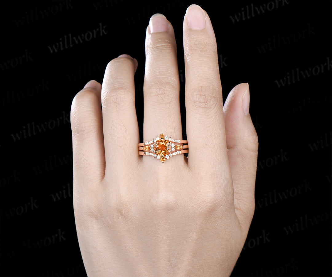 3pcs round cut citrine engagement ring set 6 prong solid 14k yellow gold moissanite bridal ring set women