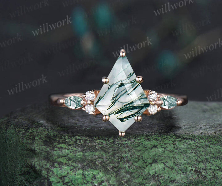 8x11mm kite cut green moss agate ring solid 14k rose gold moss agate engagement ring set emerald ring vintage diamond ring women bridal set