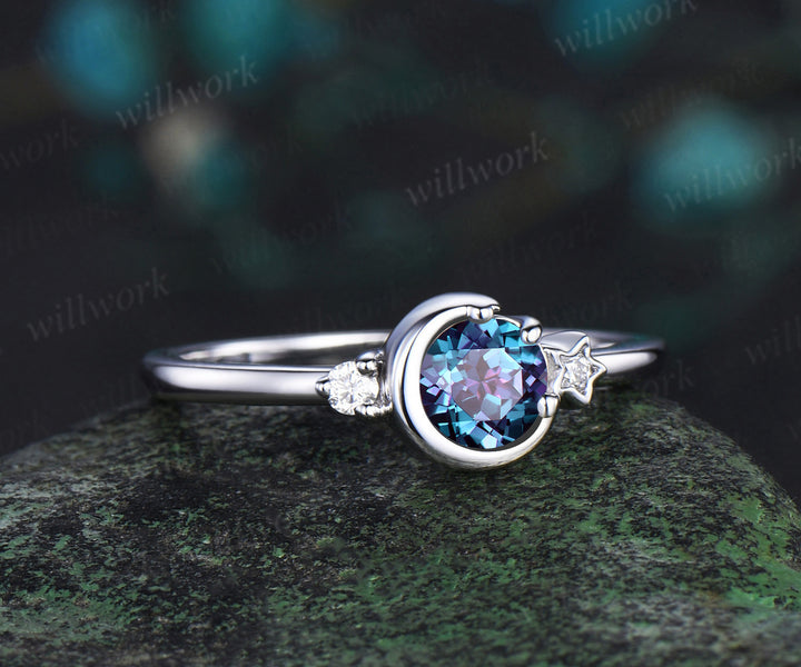 Round cut alexandrite ring white gold three stone diamond ring women vintage unique star moon engagement ring dainty anniversary gift