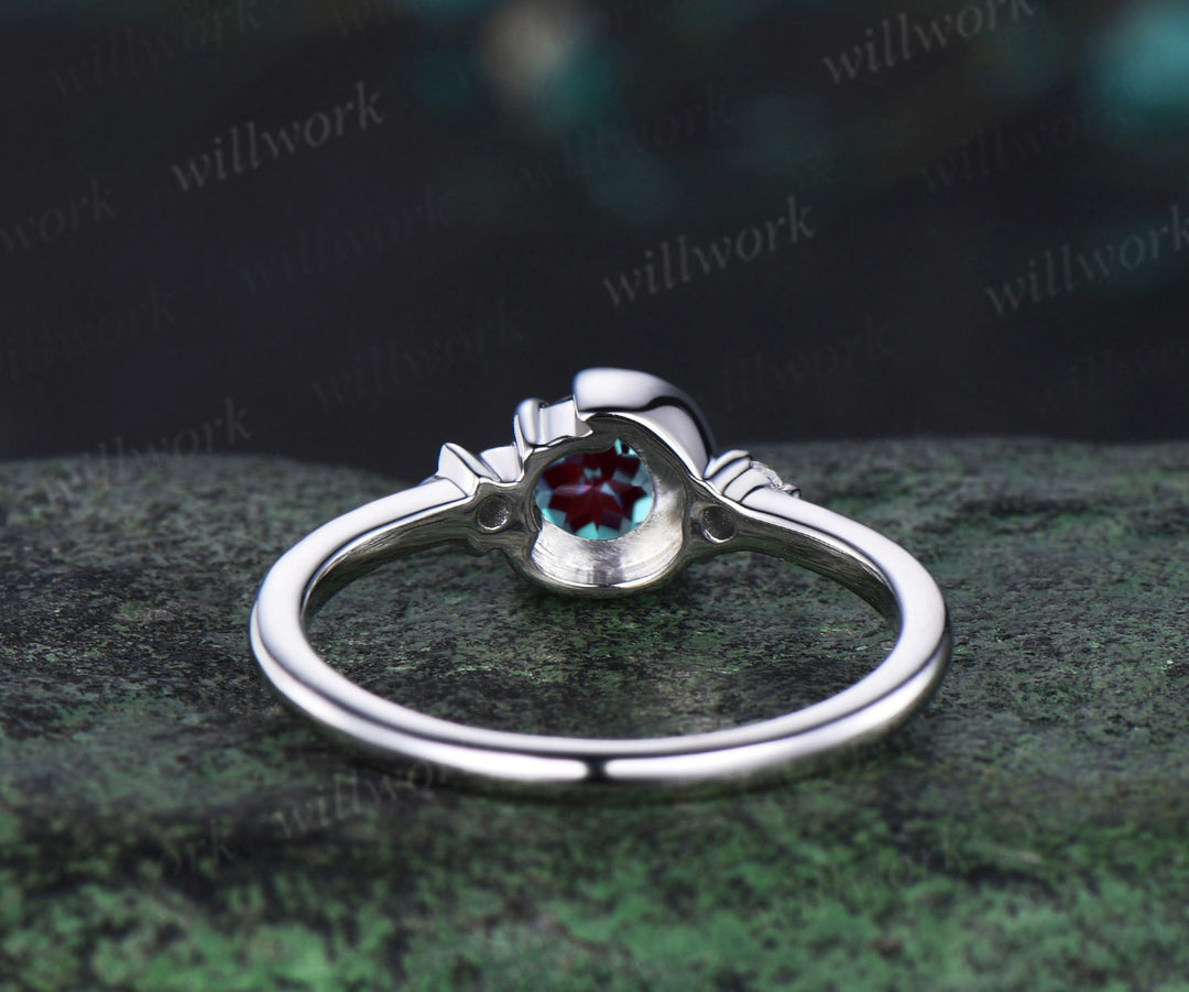 Round cut alexandrite ring white gold three stone diamond ring women vintage unique star moon engagement ring dainty anniversary gift