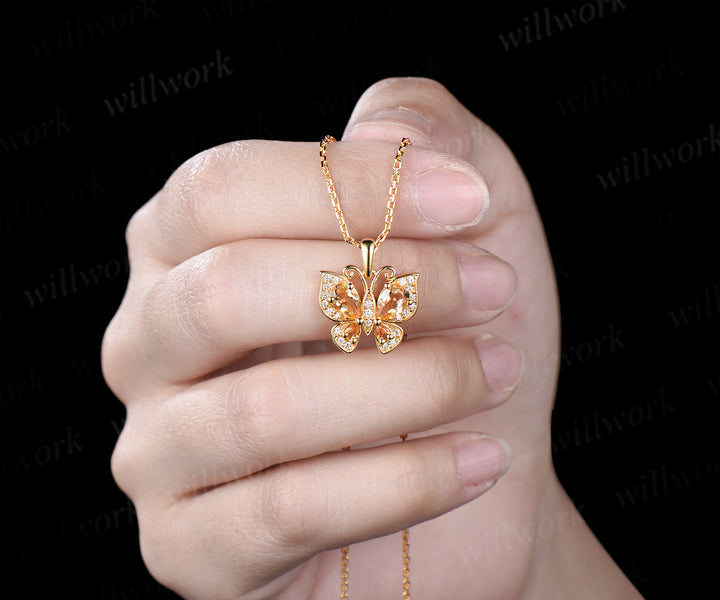 Dainty Butterfly Yellow Crystal Necklace Pear Natural Citrine Pendant Nature Inspired Solid Gold November Birthstone Wedding Gift For Her