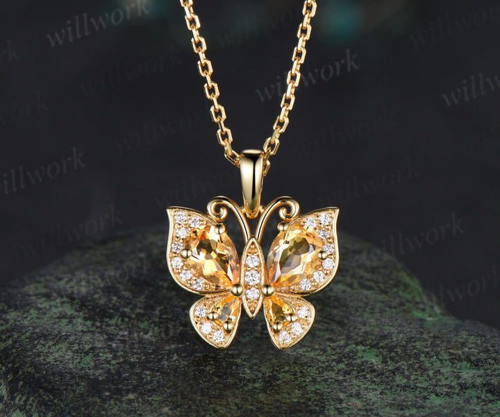 Dainty Butterfly Yellow Crystal Necklace Pear Natural Citrine Pendant Nature Inspired Solid Gold November Birthstone Wedding Gift For Her