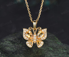 Dainty Butterfly Yellow Crystal Necklace Pear Natural Citrine Pendant Nature Inspired Solid Gold November Birthstone Wedding Gift For Her