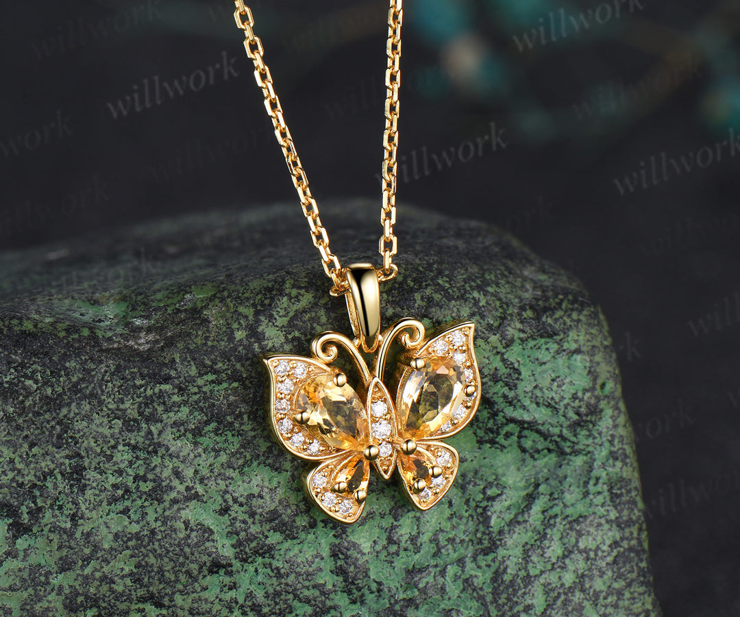 Dainty Butterfly Yellow Crystal Necklace Pear Natural Citrine Pendant Nature Inspired Solid Gold November Birthstone Wedding Gift For Her
