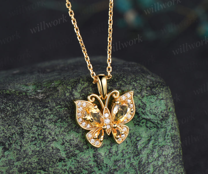 Dainty Butterfly Yellow Crystal Necklace Pear Natural Citrine Pendant Nature Inspired Solid Gold November Birthstone Wedding Gift For Her