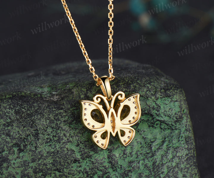 Dainty Butterfly Yellow Crystal Necklace Pear Natural Citrine Pendant Nature Inspired Solid Gold November Birthstone Wedding Gift For Her