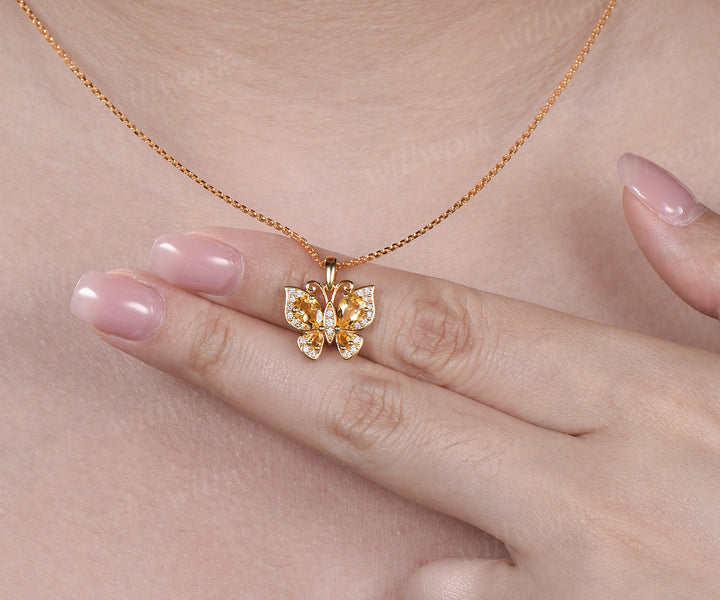 Dainty Butterfly Yellow Crystal Necklace Pear Natural Citrine Pendant Nature Inspired Solid Gold November Birthstone Wedding Gift For Her