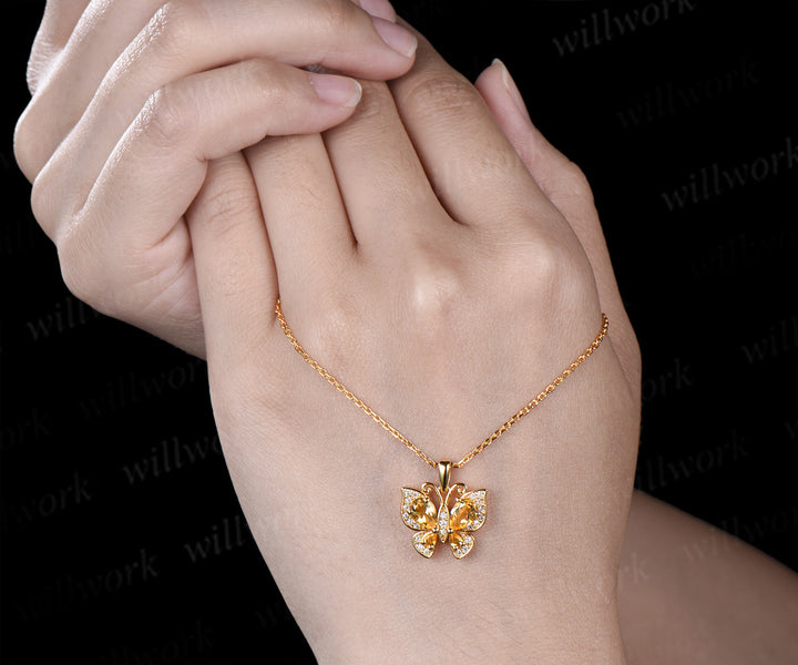 Dainty Butterfly Yellow Crystal Necklace Pear Natural Citrine Pendant Nature Inspired Solid Gold November Birthstone Wedding Gift For Her