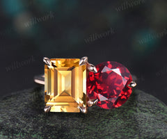Two stone citrine ruby engagement ring emerald cut citrine ring Toi et Moi birthstone ring unique bridal ring anniversary gifts